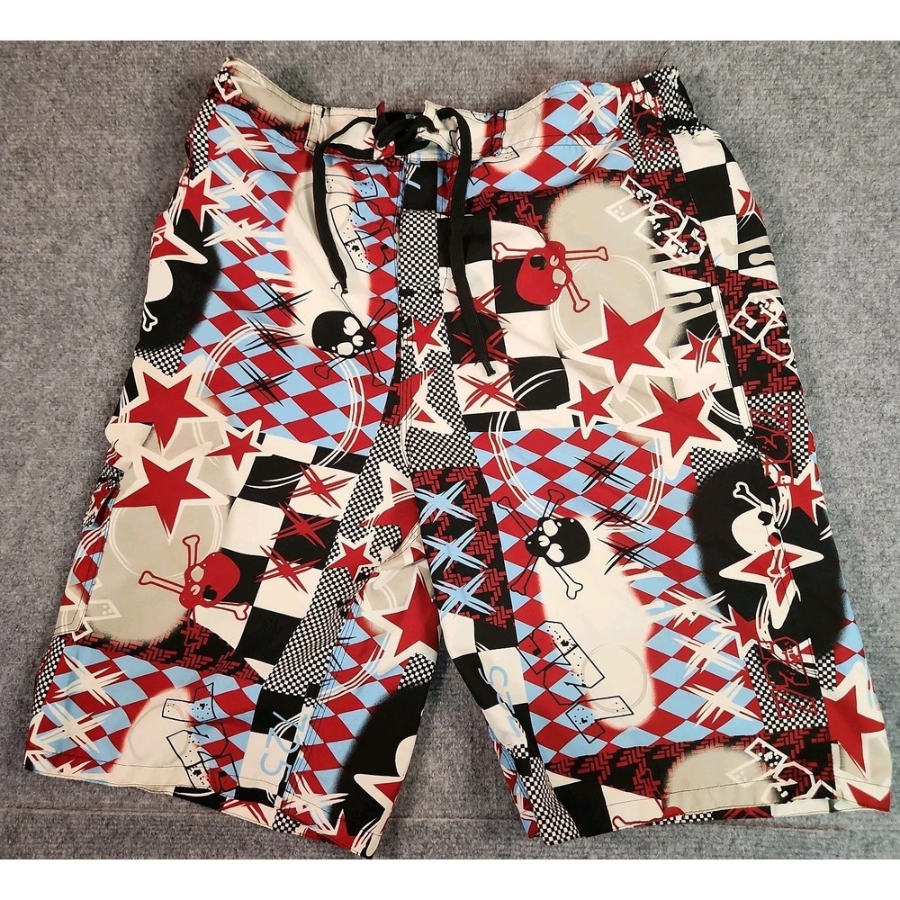 Vintage 725 Originals‎ Y2K Skull Argyle Board Shorts Swim Trunks Men's Size L